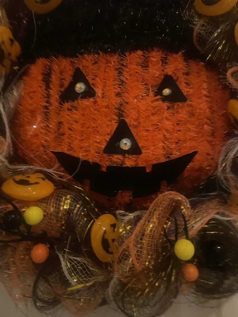 Halloween Deco Mesh Wreath Handmade Pumpkin, Purple Orange  Wall Decor Door 18”